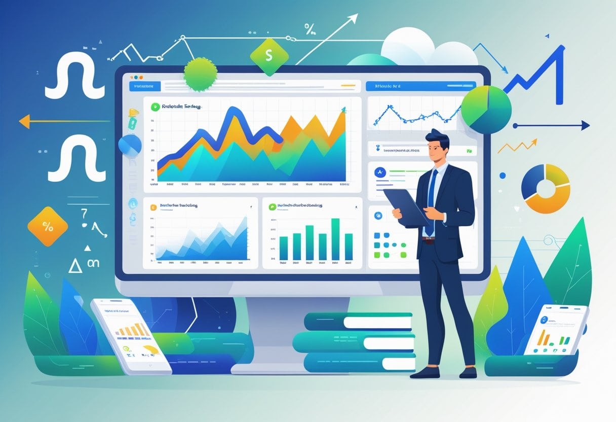 Ein Arbeitsplatz mit einem Computerbildschirm, der Diagramme und Grafiken zeigt, eine Person analysiert Daten auf einem Tablet, umgeben von mathematischen Symbolen und Pfeilen, die Wachstum darstellen.